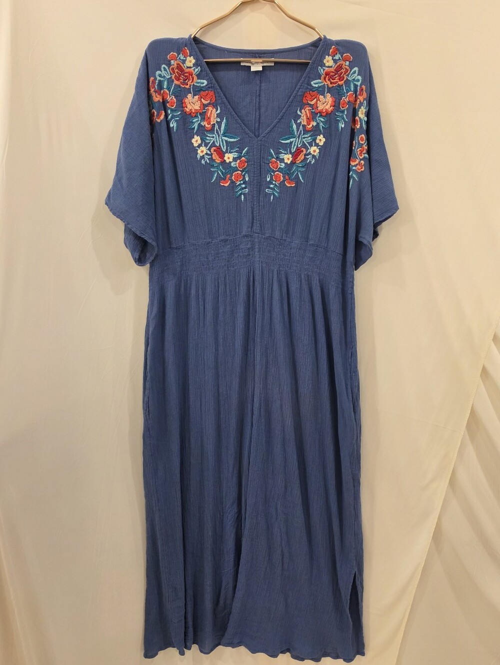 Dreams & Co Plus Sz 1X 22/24 Blue Embroidered Boho Crinkle Maxi Dress W/ Pockets